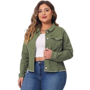 Plus Size Classic Washed Front Frayed Denim Jacket Green
